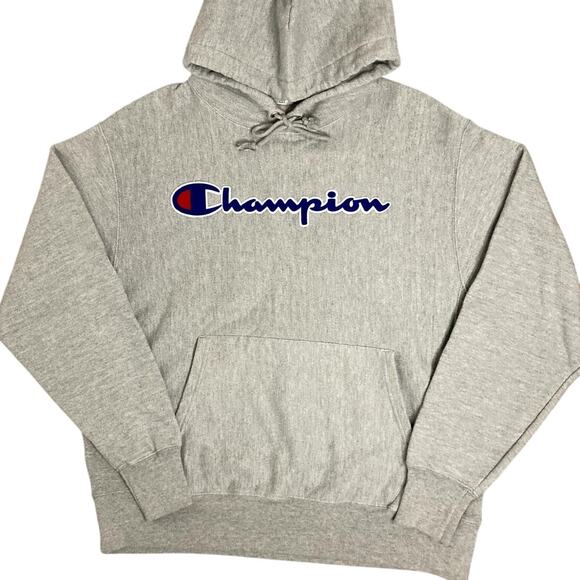 Champion Vintage Reverse Weave Hoodie Mens Large Heather Gray Spell Out Patch - Picture 2 of 13
